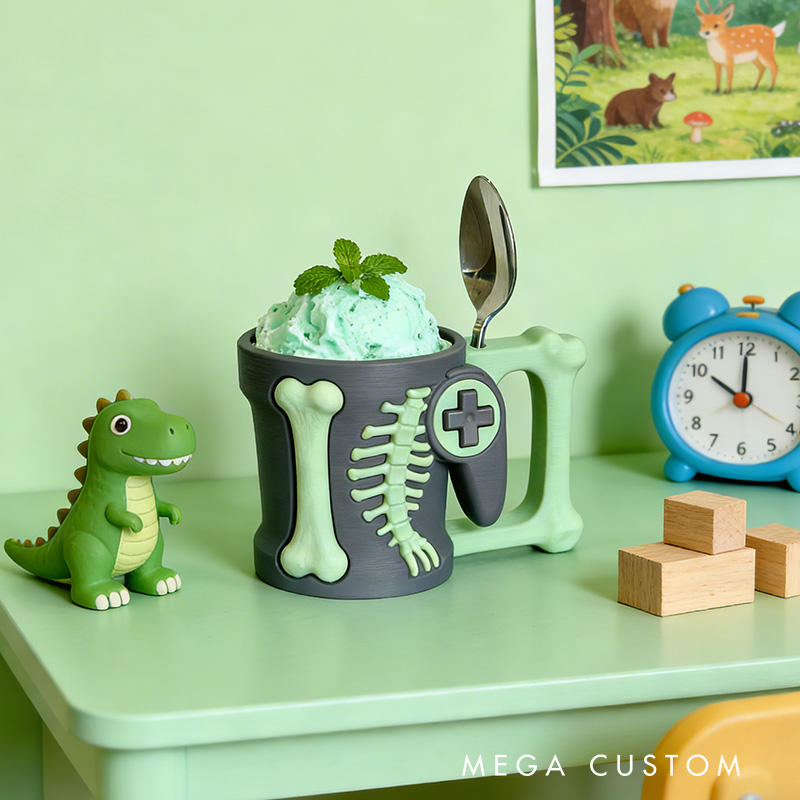 Personalized Couple Dinosaur Bone Controller Gamer Ice Cream Pint Holder with Spoon Slots Eco-Friendly 3D Print for Game Lovers