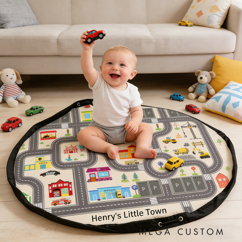 Personalized Car Themed Play Mat & Toy Storage Bag Custom Name 2-in-1 Activity Blanket for Kids