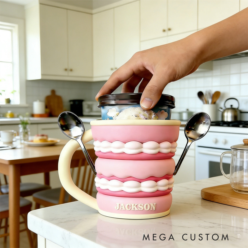 Personalized Adorable Macaron Ice Cream Cozy Pint Holder 3D Printed with Spoon Slots for Mom Kids Ice Cream Lover