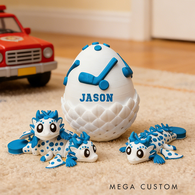 Personalized 3D Printed Ice Hockey Dragon and Egg Toy Set with Custom Name for Kids 