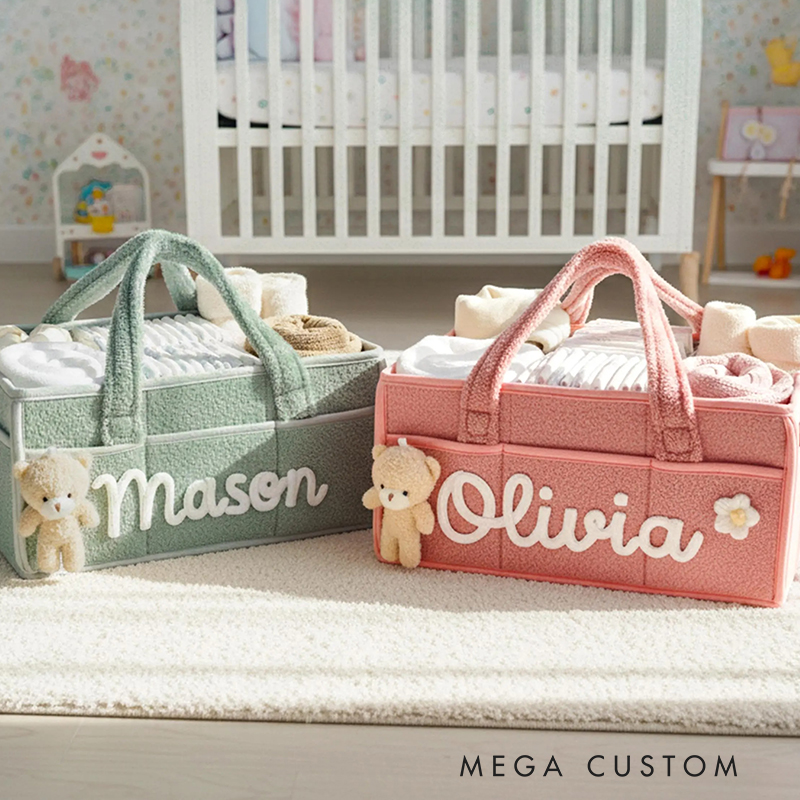 Personalized Plush Baby Storage Basket Soft Bin Side Pockets Custom Nursery Organizer with Bear