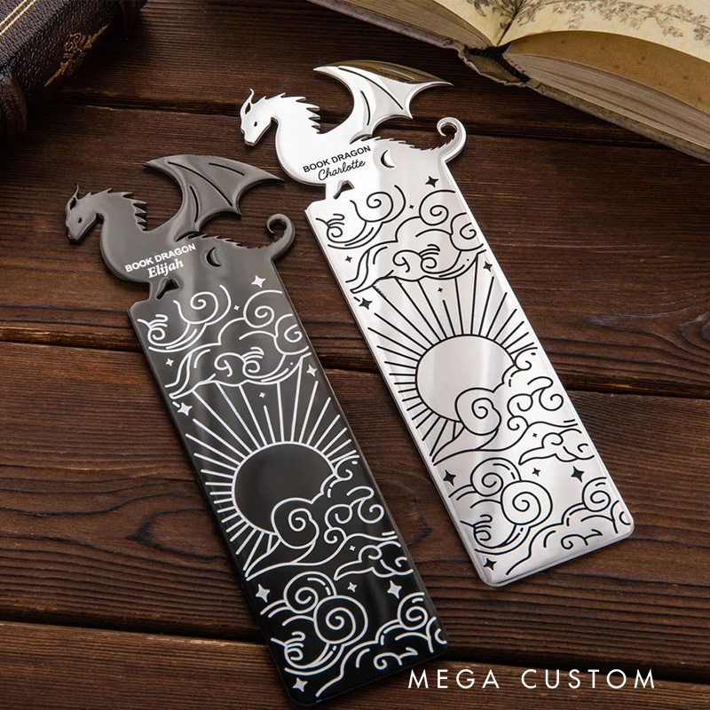 Personalized Book Dragon Sun Cloud Pattern Bookmark with Name and Text Birthday Gift for Book Lover Reader Bookworm Bookish