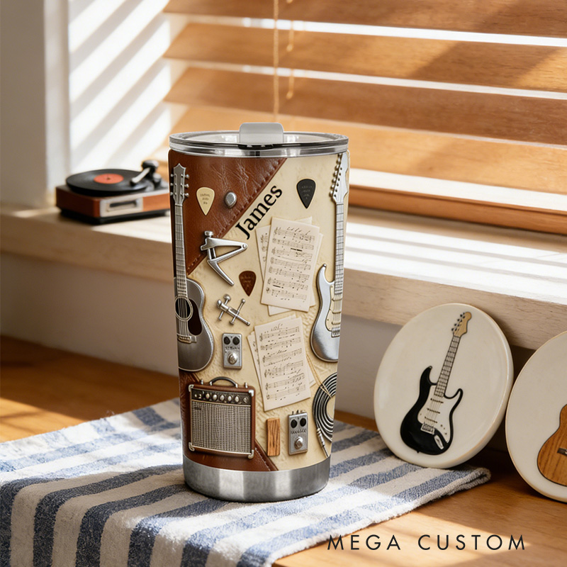 Personalized 2D Flat Vintage Music Notes 20oz Tumbler Custom Guitar Themed Tumbler for Music Lovers