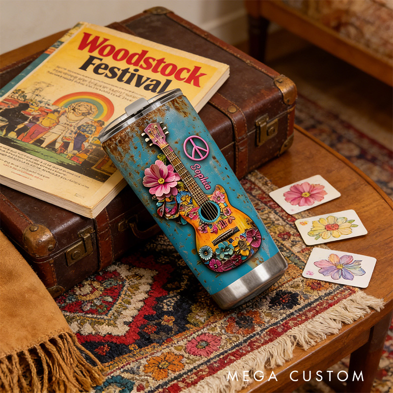 Personalized 2D Flat Peaceful Guitar Vibes 20oz Tumbler Custom Hippie Themed Tumbler for Music Lovers
