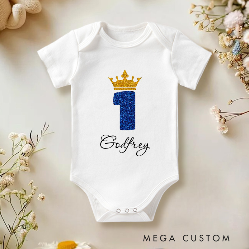 Personalized Number One with Crown Sparkly and Royal Birthday Celebration Baby Onesie  