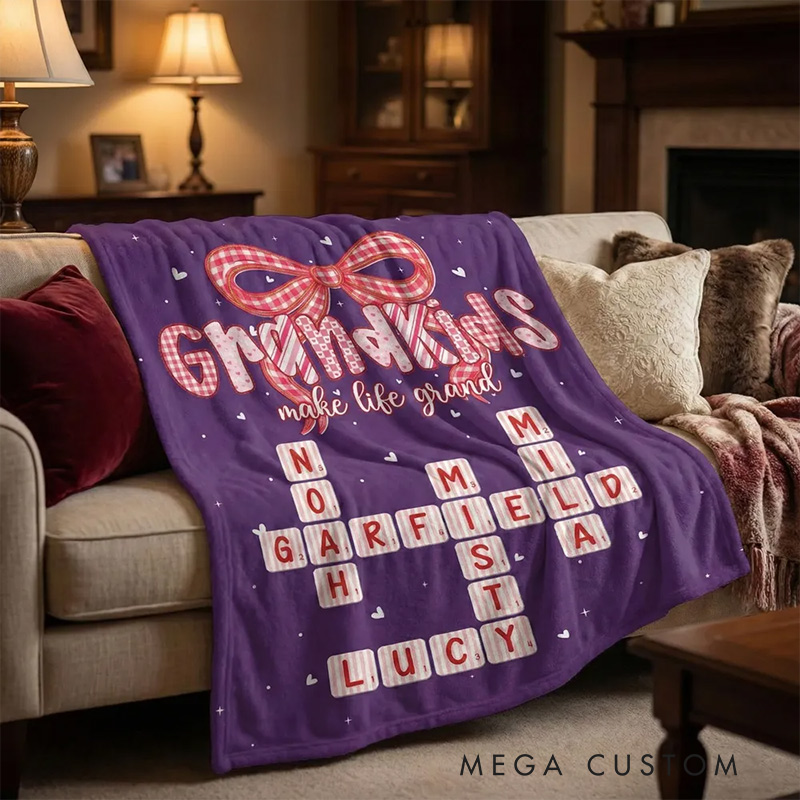 Personalized Grandkids Make Life Grand Blanket Preppy Valentine Pattern Crossword Puzzle Art Valentine's Day Gift for Grandma