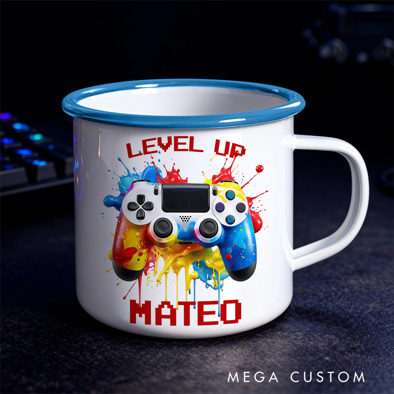 Personalized Watercor Ink Splash Controller 12oz Enamel Mug with Initial and Name Back to School Birthday Game Lover Gift for Kids