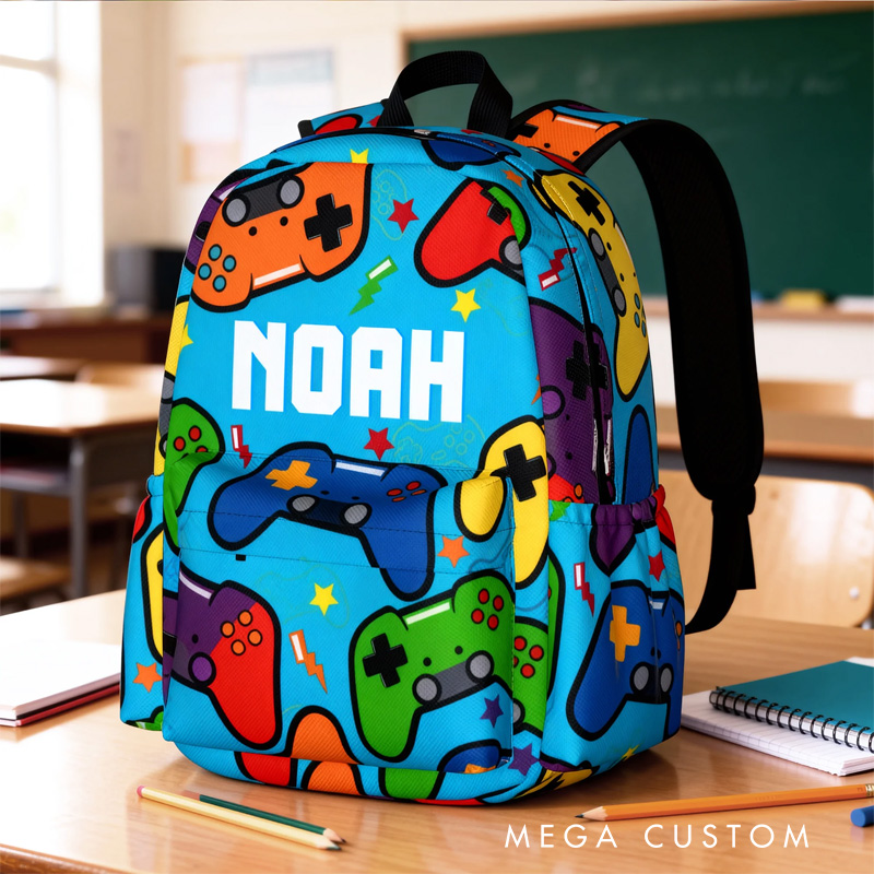 Personalized Game Controller Pattern Backpack with Name and Initial Back to School Game Lover Gift for Boys Girls