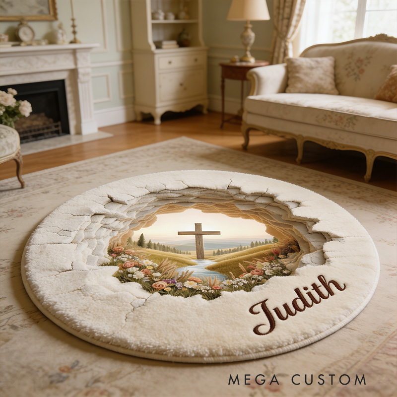 Personalize 3D Effect Easter Religious Cross Rug with Custom Name Home Decor Religious Rug for Prayer Spaces Easter Gift Religious Christian Gift