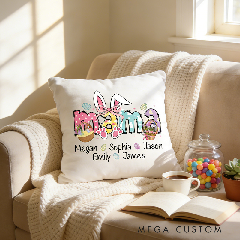 Personalized Mama Easter Pillow with Kids Names Custom Double Side Bunny Pillow Easter Gift for Mom Kids
