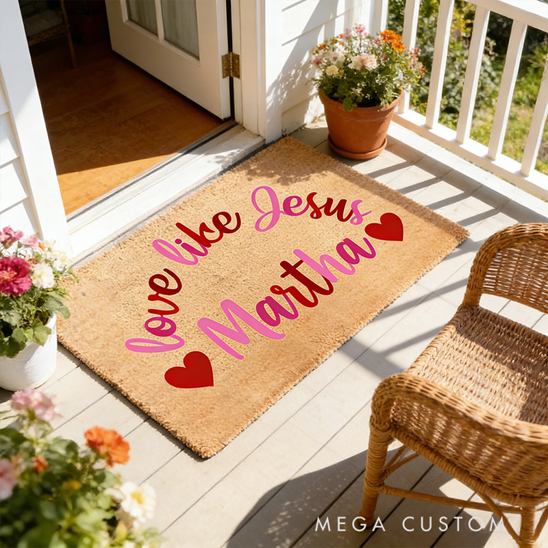 Personalized Love Like Jesus Valentines Doormat with Custom Name Non-Slip Valentines Day Decor Welcome Mat Religious Housewarming Gift Valentines Gift
