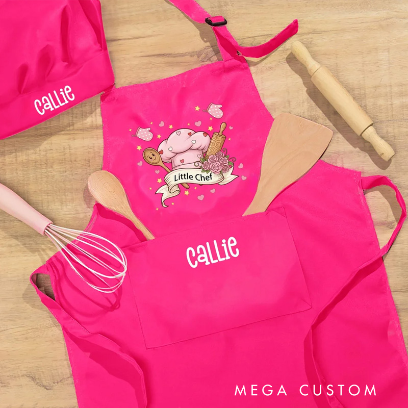 Personalized Little Chef Adjustable Kid Apron Chef Hat Set with Name and Pocket Cooking Accessory Birthday Valentine's Day Gift for Boys Girls