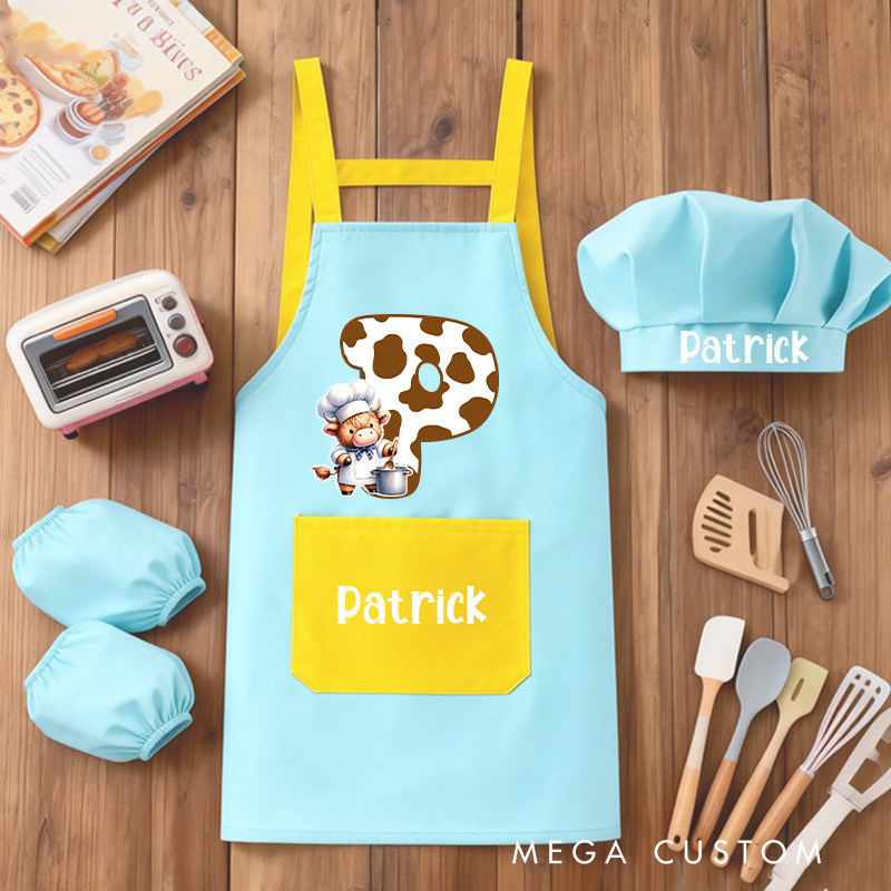 Personalized Highland Cow Kid Baking Apron with Name Initial Set of 3 Waterproof Apron with Hat Sleeve Birthday Gift for Kids