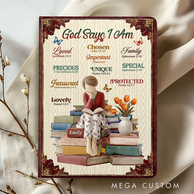 Personalized God Says I Am Leather Cover Notebook with Custom Name and Birth Flower Biblical Affirmations Journal Religious Christian Gift for Women