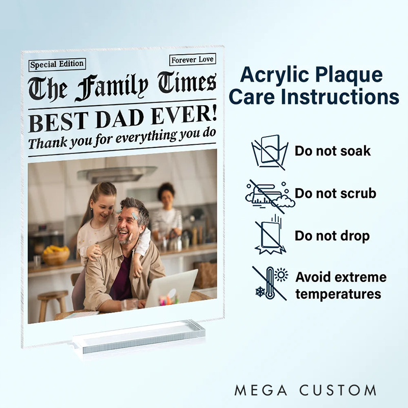 Personalized Vertical Rectangle Acrylic Plaque Custom Photo Best Mom Dad Ever Newspaper Theme Mother's Day Gift Father's Day Gift