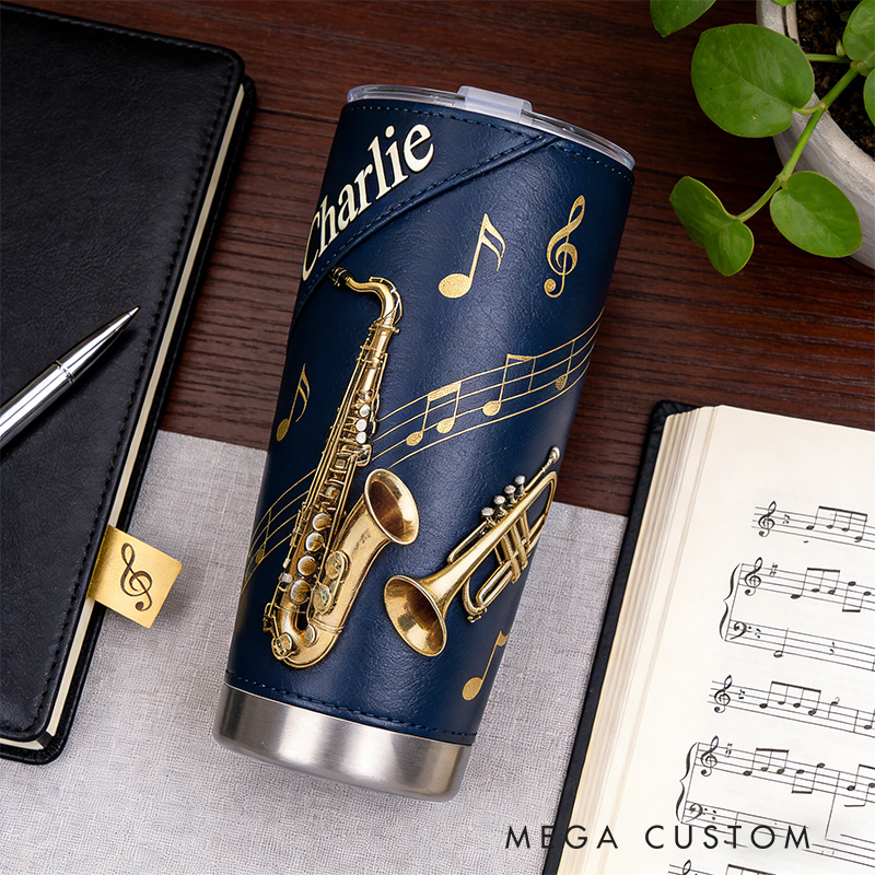 Personalized 2D Flat Golden Jazz Harmony 20oz Tumbler Custom Saxophone Themed Tumbler for Music Lovers