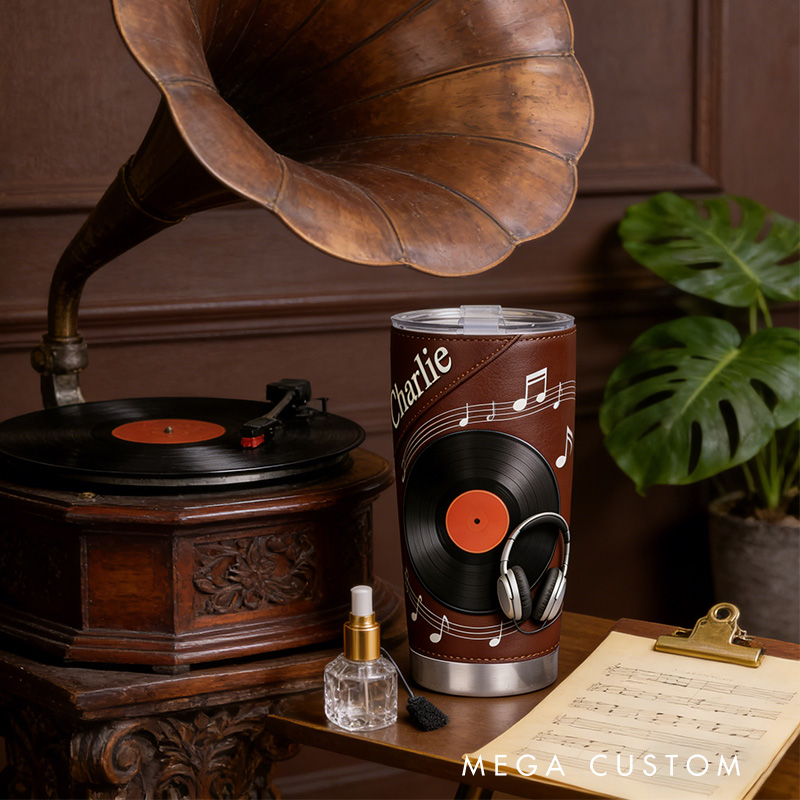 Personalized 2D Flat Vinyl Groove 20oz Tumbler Custom Vinyl Record Themed Tumbler for Music Lovers