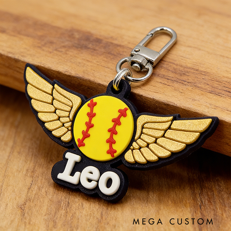 Personalized Winged Softball Keychain with Custom Name Design