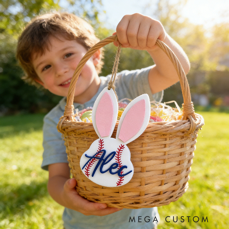 Personalized Baseball Easter Basket Tag Custom Name Bunny Label Gift for Kids on Easter Day