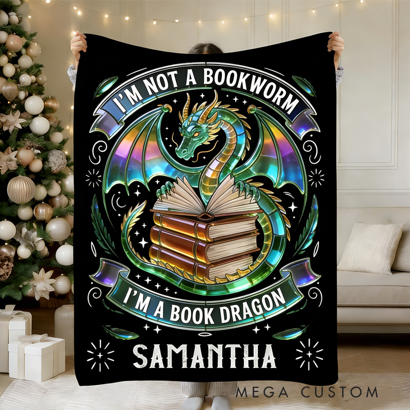 Personalized I‘m a Book Dragon Throw Blanket Custom Fantasy Romance Reader Blanket for Book Lovers Reader Blanket with Name for Bookworm Librarian Gift