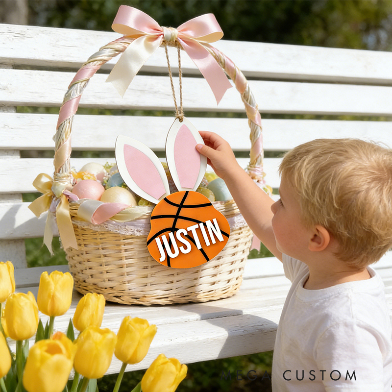Personalized Basketball Easter Basket Tag Custom Name Bunny Label Gift for Kids on Easter Day