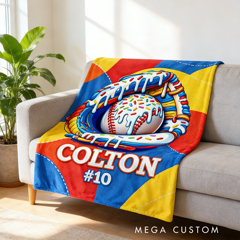 Personalized Baseball Blanket with Fun Ice Cream Drip Design for Baseball Enthusiasts