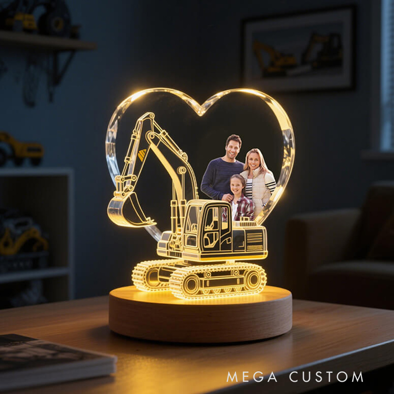 Personalized 3D Illuminated Heart Lamp Custom Family Photo Excavator Design LED Night Light Unique Gift for Family Kids