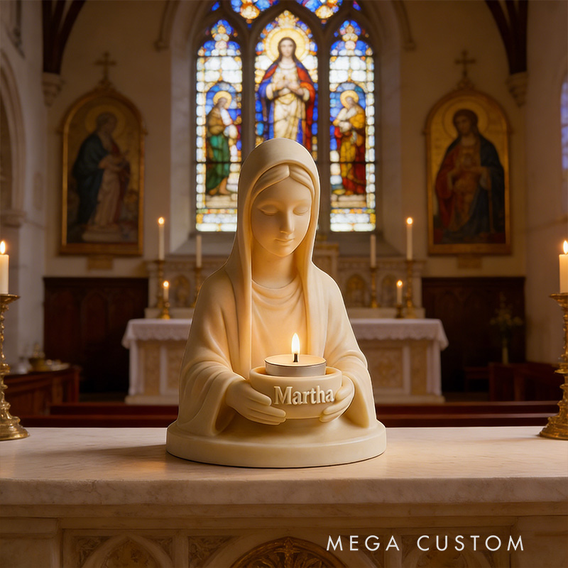 Personalized 3D Printable Virgin Mary Tealight Candle Holder with Custom Name Lady Guadalupe Stand Catholic Home Decor Prayer Space Spiritual Gift