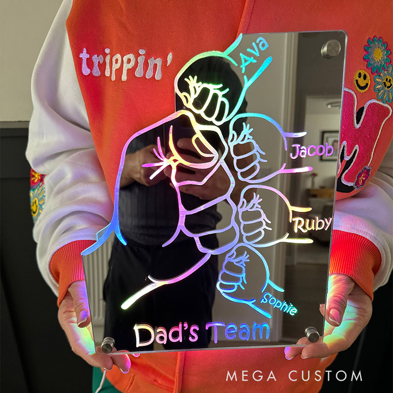 Personalized Dad's Team Fist Mirror Lamp Custom Family Name LED Light Father's Day Gift for Dad Family Keepsake 