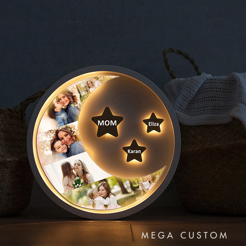 Personalized Moon Photo with Star Name Night Light Custom Family Photo Collage Name Star Design Mother’s Day Birthday Gift for Mom