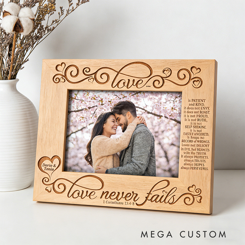 Personalized Love Never Fails Picture Frame with Custom Names Christian Corinthians 13:4-8 Picture Frame Wedding Gift Valentines Day Gift for Couple