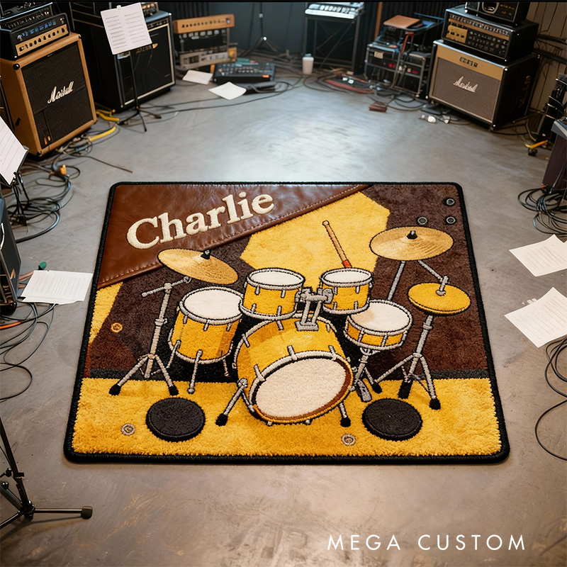 Personalized 2D Flat Golden Drumbeat Rug for Music Lovers Gift for Kids Music Studio
