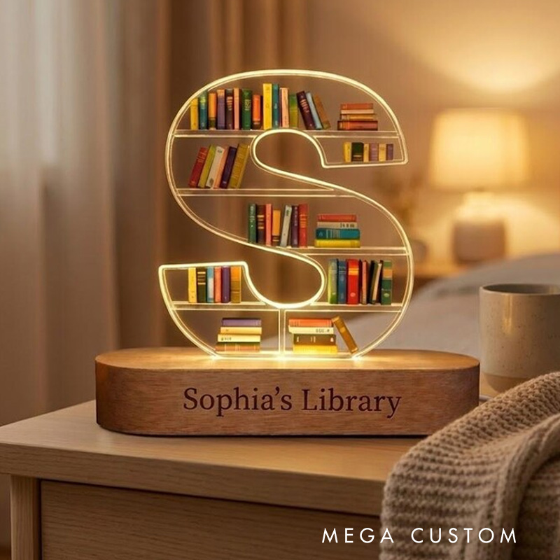Personalized Initial Book Shelf LED Light Letter Bookcase Night Light with Name Library LED Lamp for Book Lover Bookworm Librarian Gift