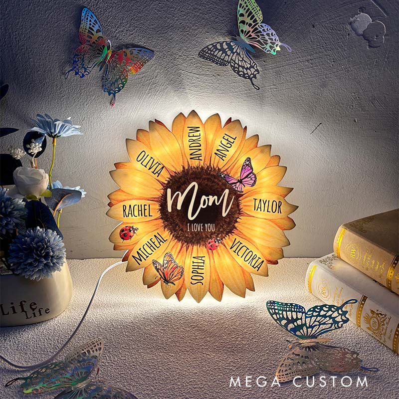 Personalized Family Member Name Sunflower Acrylic Lamp LED Night Light Custom Name Design for Mom Unique Gift for Mother's Day