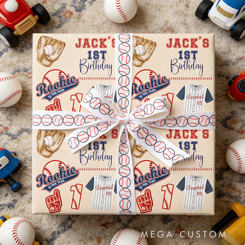 Personalized 1st Birthday Gift Wrap Custom Name Baseball Theme Wrapping Paper with Matching Ribbon Rookie of the Year First Birthday Gift Wrap 3 Sizes