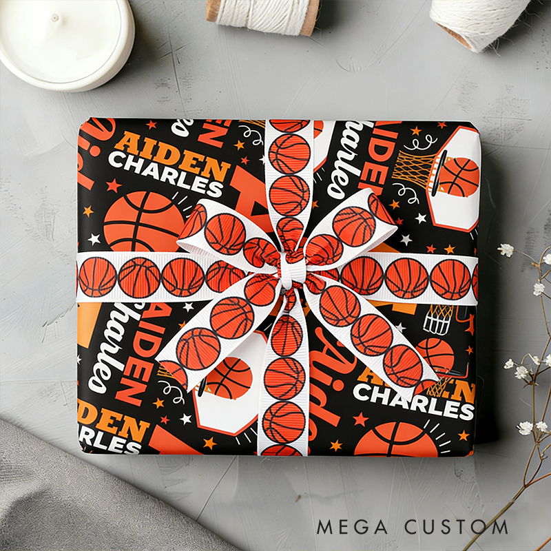 Personalized Basketball Gift Wrap Custom Name Wrapping Paper with Matching Ribbon 3 Sizes and 2 Finish for Sports Lovers