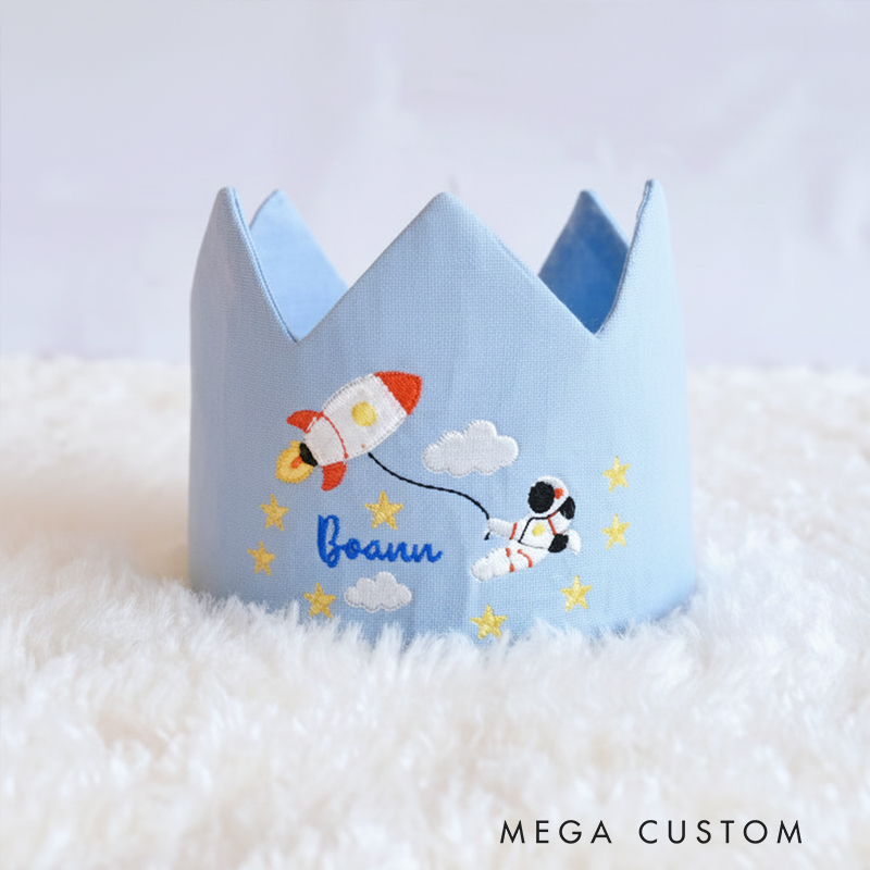 Personalized Astronaut Linen Crown Custom Embroidered Adjustable Kids' Birthday Party Hat