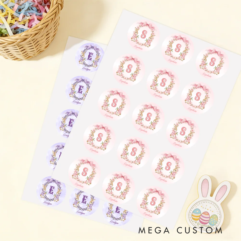 Personalized Cute Flower Peter Rabbit Set of 2 Easter Waterproof Stickers Labels with Name and Initial Easter Day Decor Party Favors for Family Kids