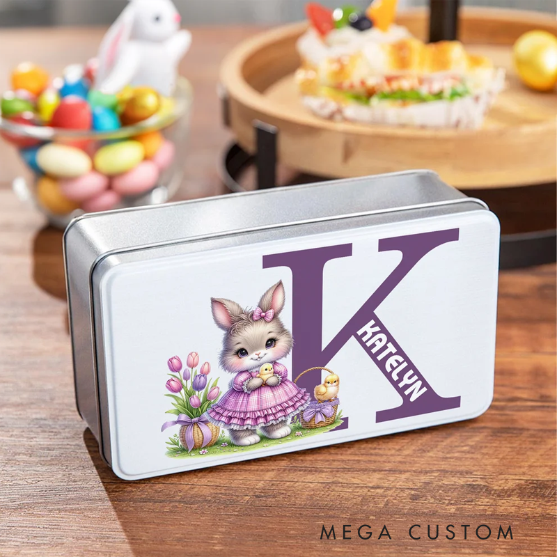 Personalized Cute Bunny Flowers Easter Eggs Initial Food Grade Metal Biscuit Tin Storage Box with Name Easter Holiday Gift for Family Kids
