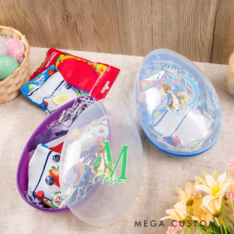 Personalized Cute Peter Rabbit Bunny Initial Fillable Jumbo Easter Egg with Name Holiday Basket Stuffers Easter Birthday Party Favors Gift for Kids