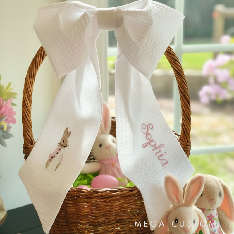 Personalized Easter Basket Bow Custom Name Fabric Decoration for Kids' Holiday Baskets Perfect Easter, strollers, baby carriers, baby showers, wedding, gifts and more