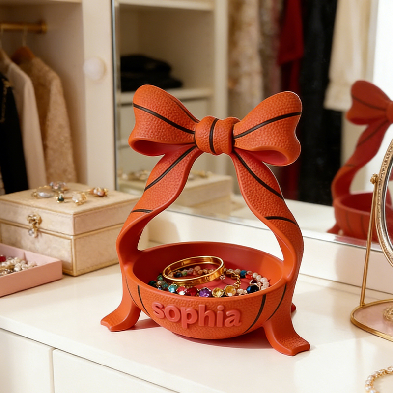 Personalized Bow Basketball Jewelry Holder with Custom Name and Bow Design for Girls and Teens 