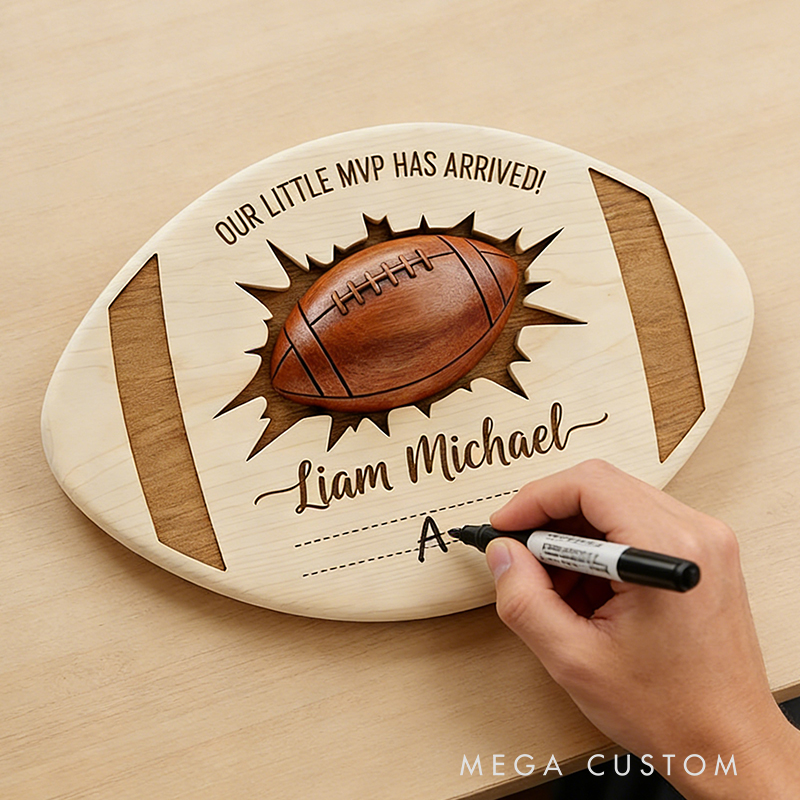 Personalized Football Themed Wooden Birth Announcement Sign Custom Engraved or DIY Fillable Keepsake for Newborns