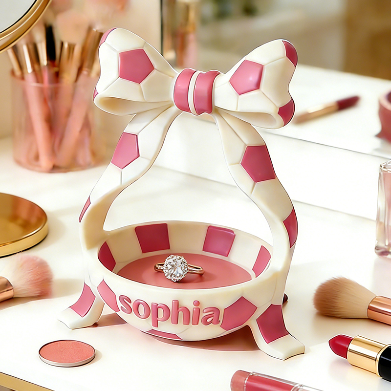 Personalized Soccer Jewelry Holder with Custom Name and Bow Design for Soccer Fans Girls 