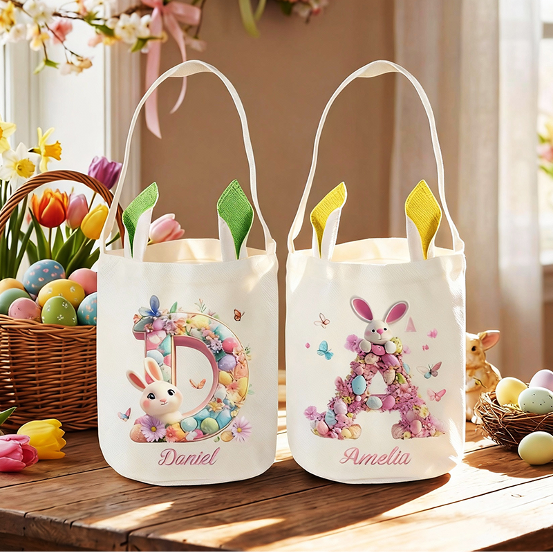 Personalized Name Rabbit Easter Eggs 3D Pink Alphabet Bucket Bag with Bunny Ears Cotton Linen Easter Egg Hunt Basket Easter Gift for Kids Boys Girls