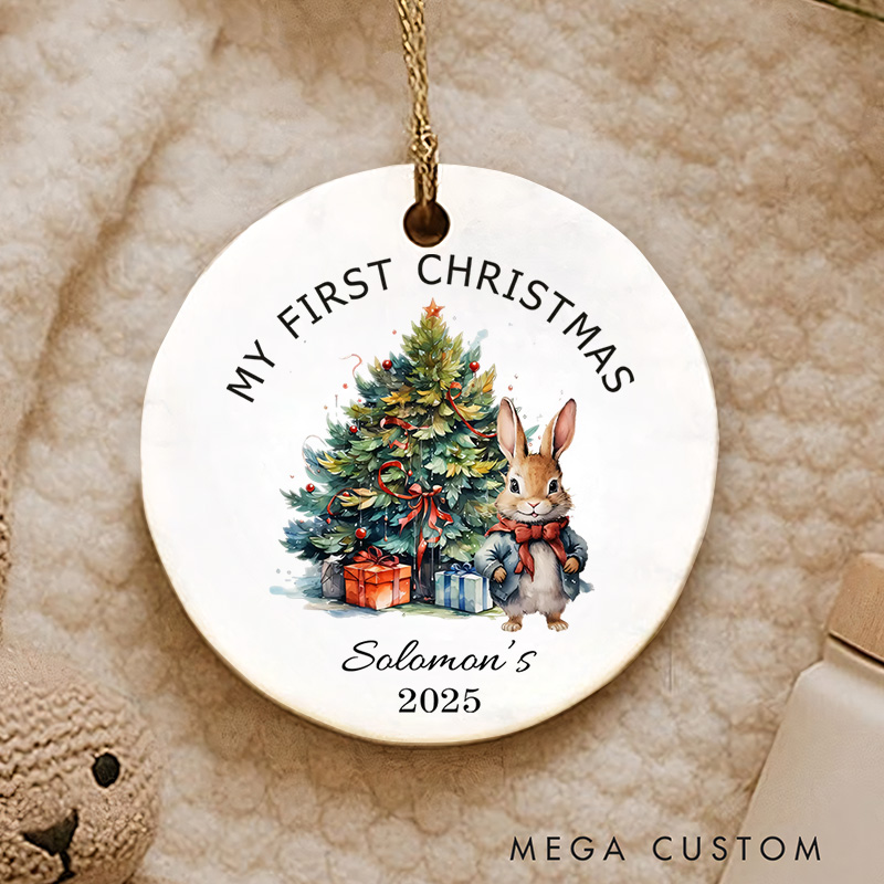 Personalized Festive Bunny with Decorated Christmas Tree Baby Christmas Ornament Baby Shower Gift