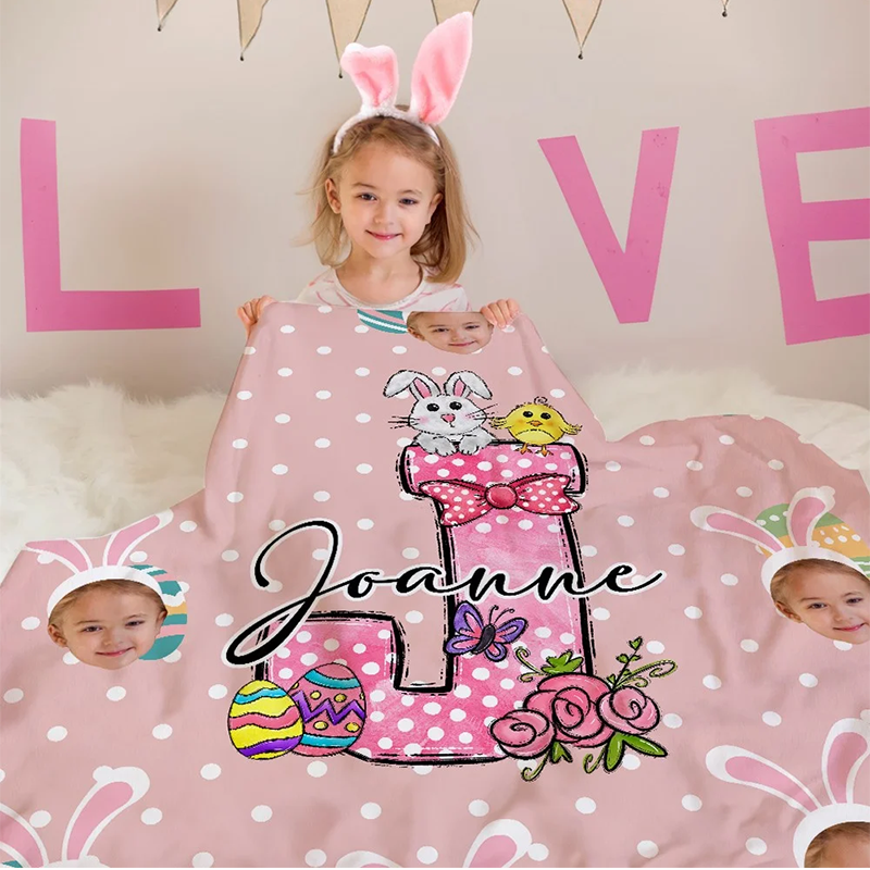 Personalized Face Photos Easter Bunny Alphabet Blanket Polka Dot Blanket with Name Initial Flannel Sherpa Soft Bed Couch Throw Easter Gift for Kids