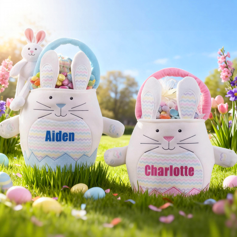 Personalized Name Plush Bunnies Easter Basket Easter Treat Bag Easter Party Favor Easter Gift for Kids Boys Girls