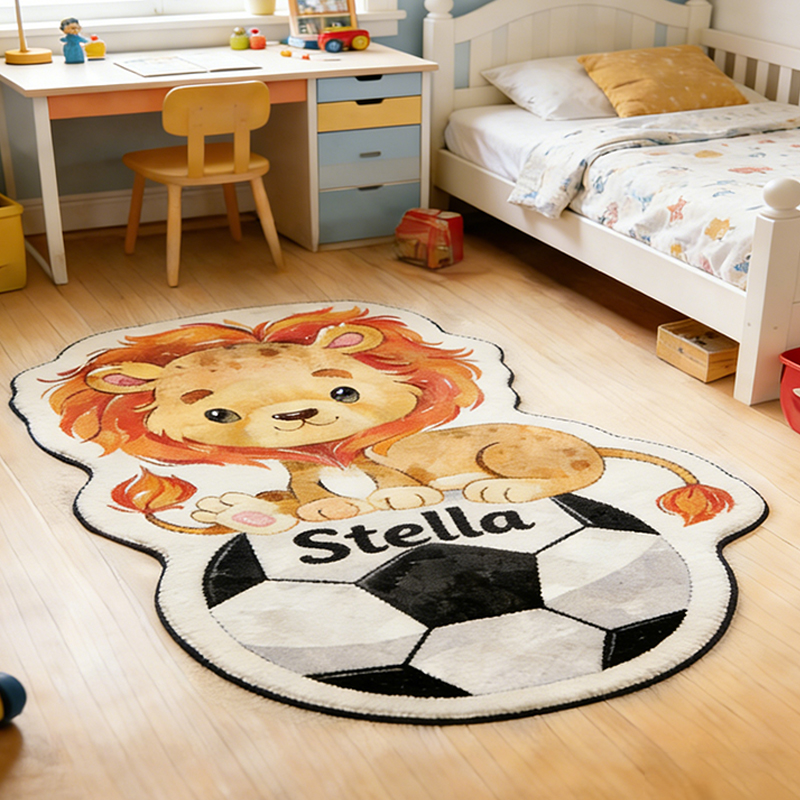 Personalized Lion and Soccer Ball Rug with Custom Name for Kids’ Rooms