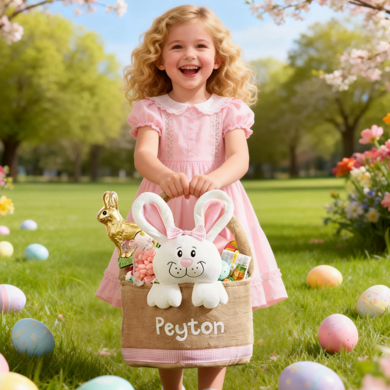 Personalized Name Plush Bunnies Easter Basket with Name Easter Treat Bag Easter Party Favor Easter Gift for Kids Boys Girls